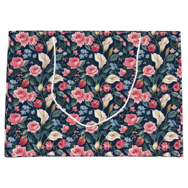 Romantic Navy Blue Floral Garden Pattern Große Geschenktüte (Vorderseite)