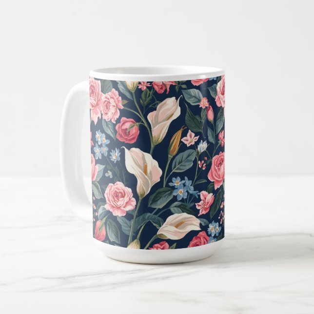 Romantic Navy Blue Floral Garden Pattern Kaffeetasse (Vorderseite Links)