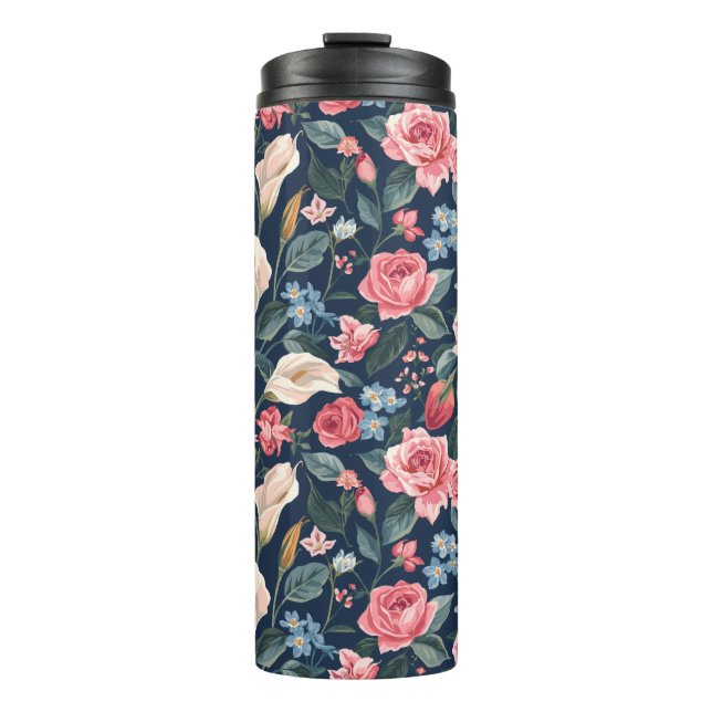 Romantic Navy Blue Floral Garden Pattern Thermosbecher (Vorderseite)