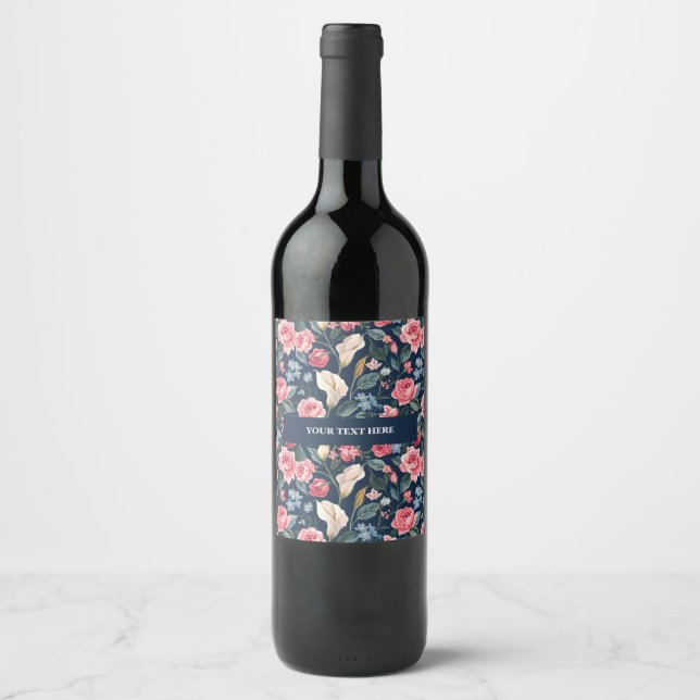 Romantic Navy Blue Floral Garden Pattern Weinetikett (Vorderseite)