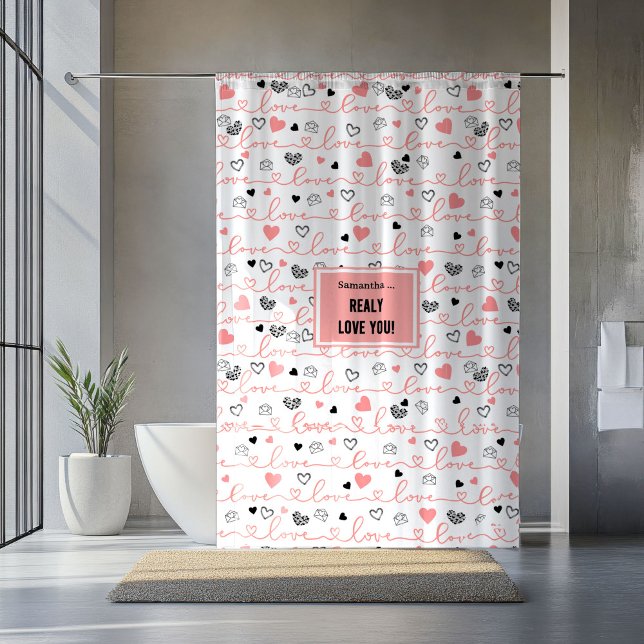 Romantic Newlywed Shower Curtain Pink Black Hearts Duschvorhang (Romantic Newlywed Shower Curtain Pink Black Hearts)