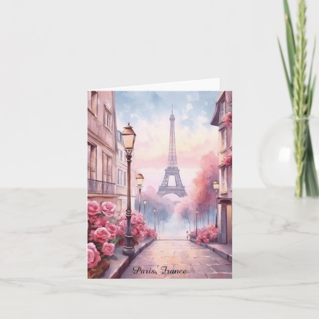 Romantic Paris France – Eiffel Tower Floral Karte (Vorderseite)