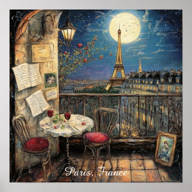 Romantic Paris France Eiffel Tower Illustration Poster (Vorne)