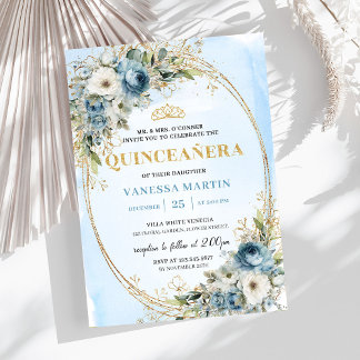 Romantic Pastel Blue Gold Eucalyptus Quinceañera Einladung
