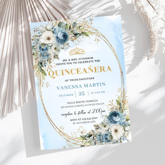 Romantic Pastel Blue Gold Eucalyptus Quinceañera Einladung (Romantic Pastel Blue Gold Eucalyptus Quinceañera)