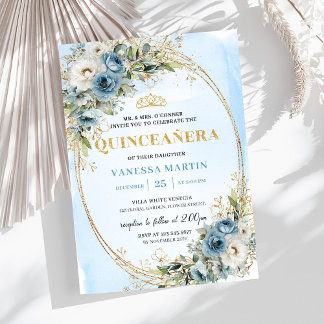 Romantic Pastel Blue Gold Eucalyptus Quinceañera   Einladung