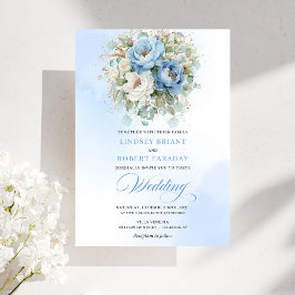 Romantic Pastel Blue Peony Eucalyptus Gold Wedding Einladung