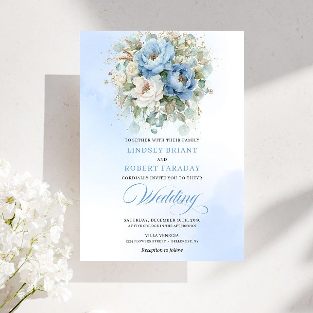 Romantic Pastel Blue Peony Eucalyptus Gold Wedding Einladung (Romantic Pastel Blue Peony Eucalyptus Gold Wedding Invitation)