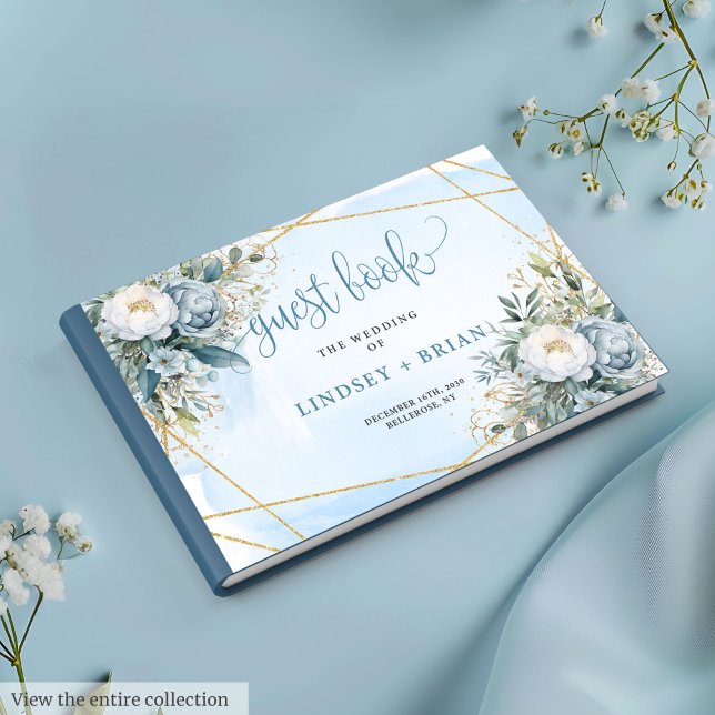 Romantic Pastel Blue White Peonies Gold Livre d'or (Romantic Pastel Blue White Gold Peonies Guest Book)