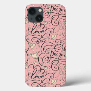 Romantic Pattern with Hearts and Birds iPhone 13 Hülle