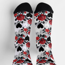 Romantic Patterned Red Roses and Black Hearts Socken