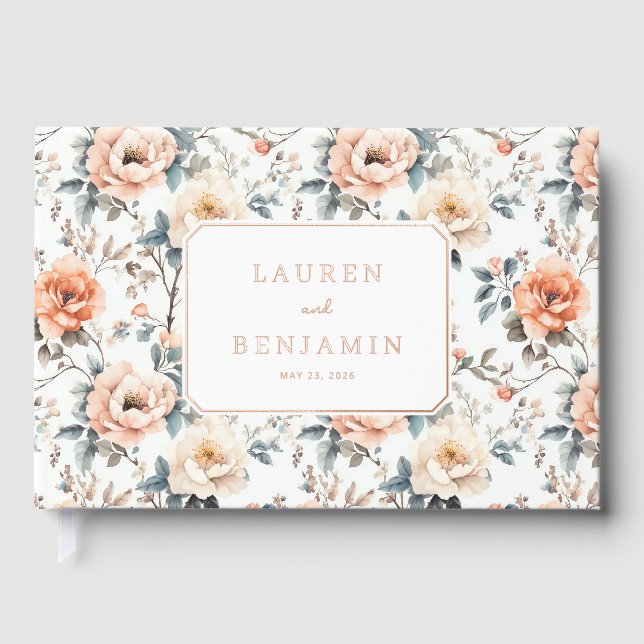 Romantic Peach Floral Roses Gästebuch (Vorderseite)