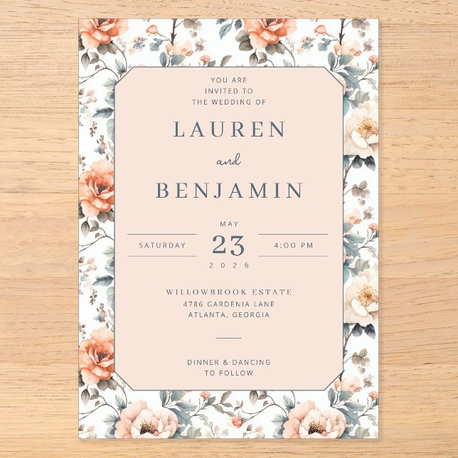 Romantic Peach Floral Wedding Invitation Acryleinladungen (Vorderseite)