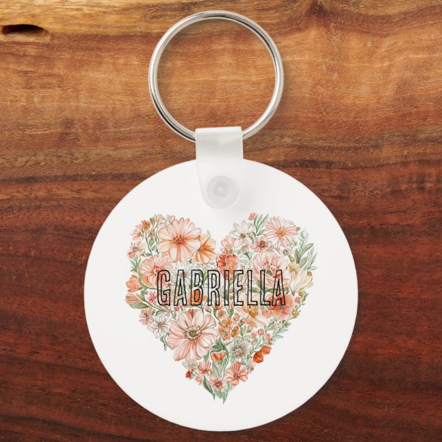 Romantic Peach Mint Floral Heart Schlüsselanhänger (Vorderseite)