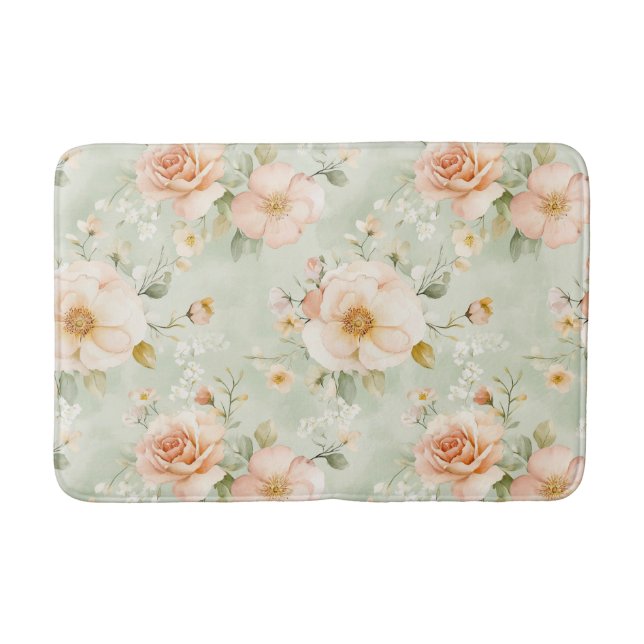 Romantic Peach Mint Pretty Roses Floral Badematte (Vorderseite)