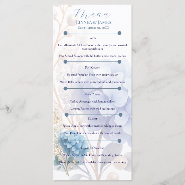 Romantic Pearl Hydrangea Blue Waterercolor Wedding Menükarte (Vorderseite)