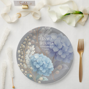 Romantic Pearl Hydrangea Blue Waterercolor Wedding Pappteller