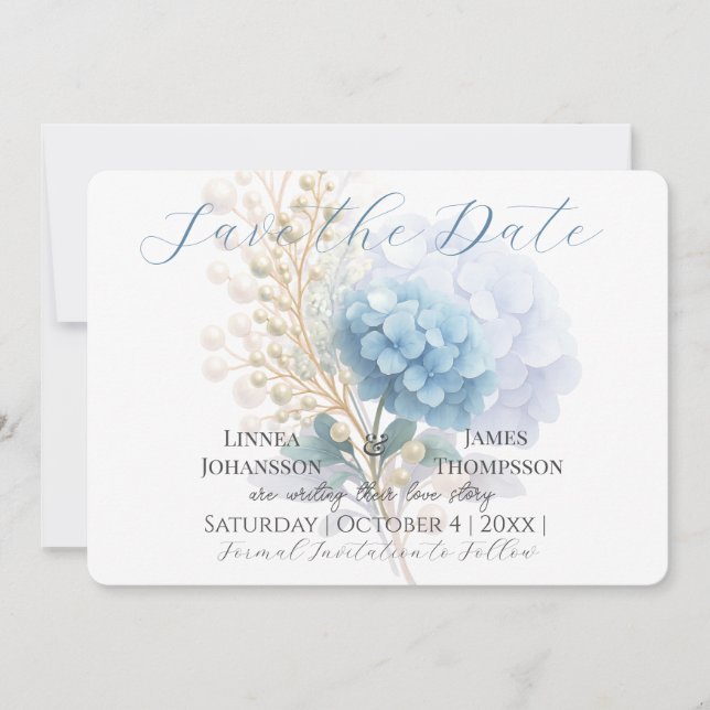 Romantic Pearl Hydrangea Blue Waterercolor Wedding Save The Date (Vorderseite)