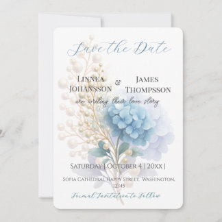 Romantic Pearl Hydrangea Blue Waterercolor Wedding Save The Date
