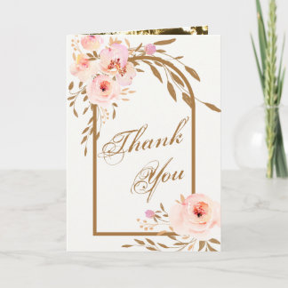 Romantic Pink Blush Gold Floral Wedding Photo Dankeskarte