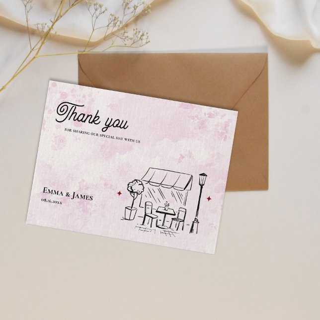 Romantic Pink Café Illustration Wedding Thank You Postkarte (Romantic Pink Café Illustration Wedding Thank You Postcard)