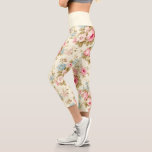 Romantic Pink English Roses on Pale Yellow Capri Leggings<br><div class="desc">Lovely and romantic feminine seamless floral pattern featuring sprays of pink roses and blue flowers with sage foliage on pale pastel yellow background. Waistband color is customizable.</div>