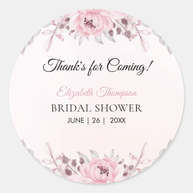 Romantic Pink Floral Bridal Shower Runder Aufkleber (Vorderseite)