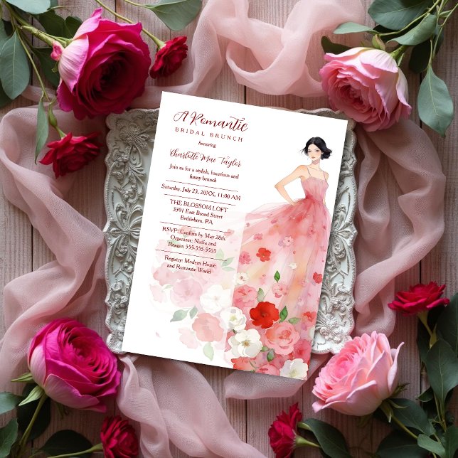 Romantic Pink Floral Tulle Model Bridal Shower Einladung (Romantic Fashion Model Woman in Pink Floral Tulle Dress Bridal Shower Invitation Design.)