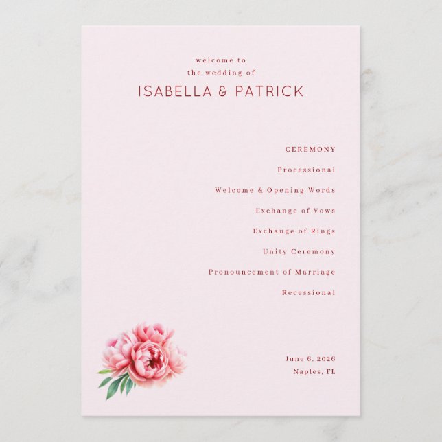 Romantic Pink Floral Wedding Ceremony Program Programm (Vorderseite)