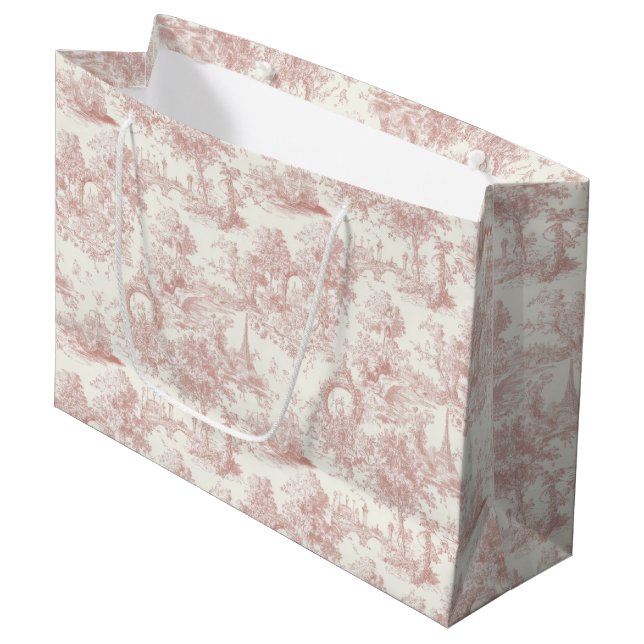 Romantic Pink French Toile Countryside Pattern (5) Große Geschenktüte (Vorderseite Schrägansicht)