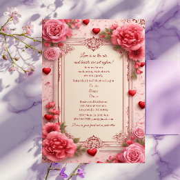Romantic Pink Heart Motifs Valentine Party Floral Einladung