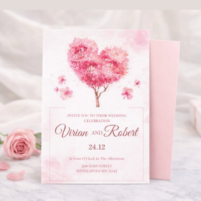 Romantic Pink Heart Tree Watercolor Wedding Invita Einladung (Von Creator hochgeladen)