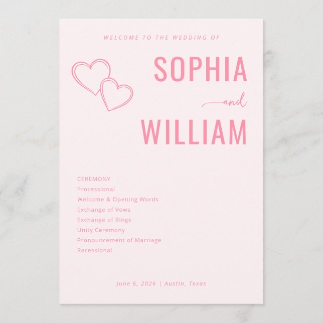 Romantic Pink Heart Wedding Invitations Programm (Vorderseite)