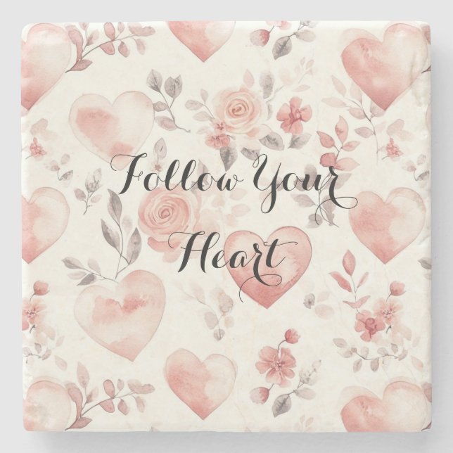 Romantic Pink Hearts Roses Floral Steinuntersetzer (Vorderseite)