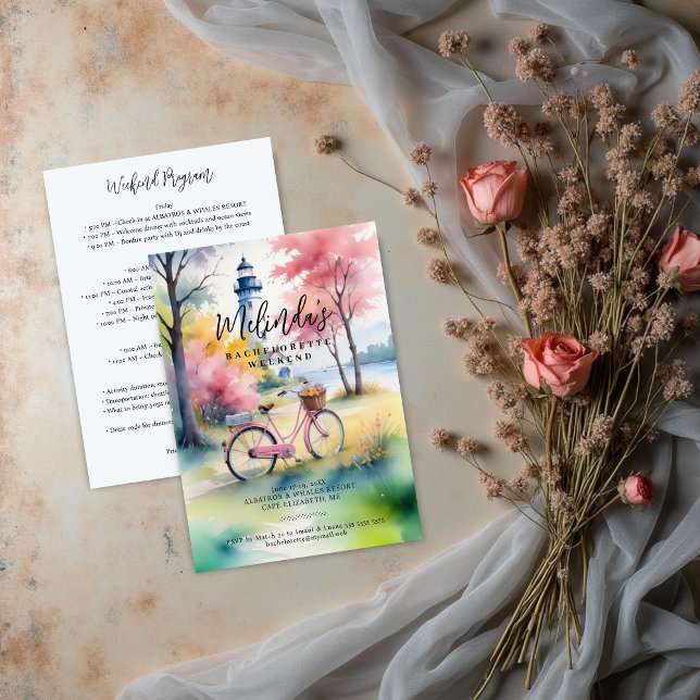 Romantic Pink Lighthouse Bachelorette Weekend Einladung (Romantic Pink Lighthouse Landscape with Cute Bicycle Bachelorette Weekend Invitation Design. )