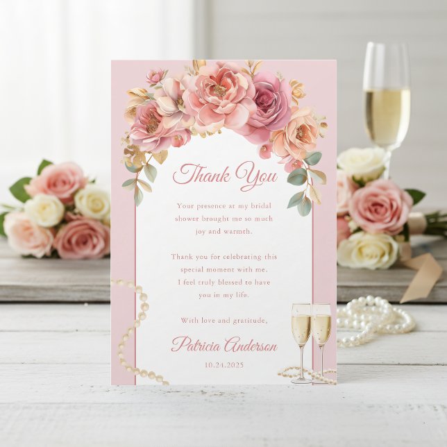 Romantic Pink Pearls & Prosecco Bridal Shower Dankeskarte (Von Creator hochgeladen)