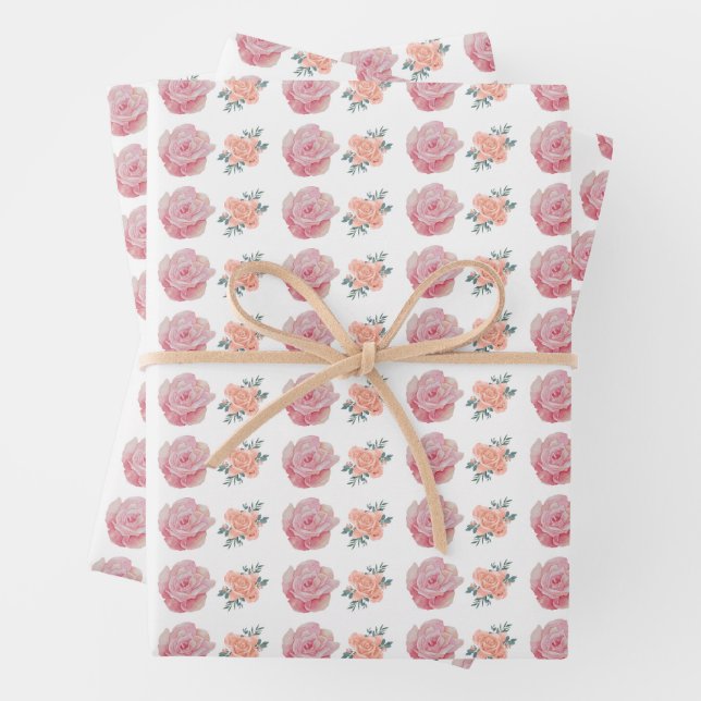 Romantic Pink Roses and Peach Blossoms  Geschenkpapier Set (Beispiel)
