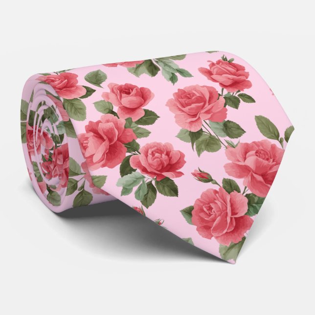 Romantic Pink Roses Botanical Pattern Krawatte (Gerollt)