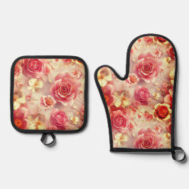 Romantic Pink Roses Motif Ofenhandschuh & Topflappen-Set