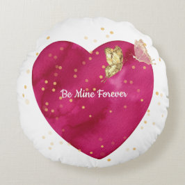 Romantic Pink Watercolor Heart & Gold Butterfly Rundes Kissen