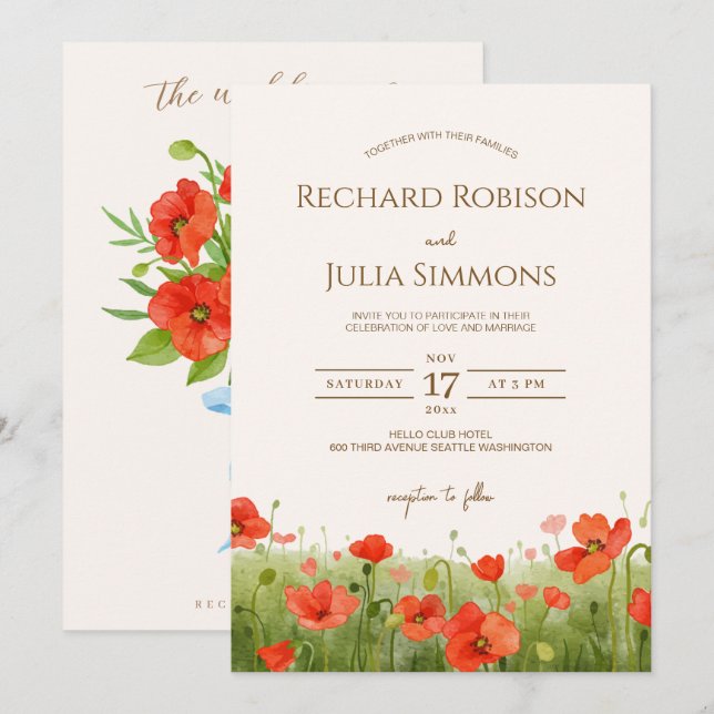Romantic Poppy Floral Faire-part de mariage rouge (Devant / Derrière)