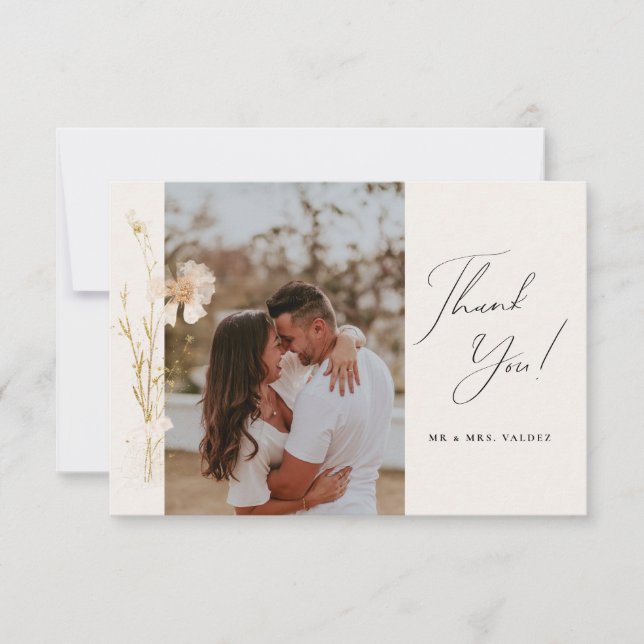 Romantic Pressed Flowers Wedding Photo Cream Dankeskarte (Vorderseite)