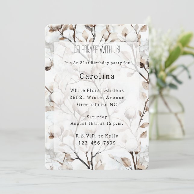 Romantic Pretty White Flowering Tree Birthday Einladung (Stehend Vorderseite)