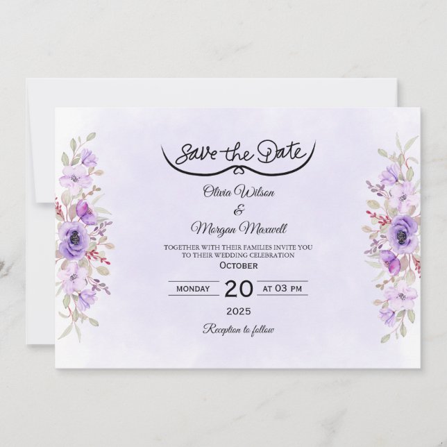 Romantic Purple Floral Wedding Save the Date Einladung (Vorderseite)