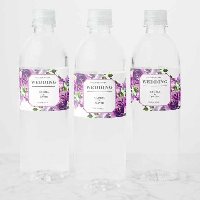 Romantic Purple Floral Wedding Wine Label (Flaschen)