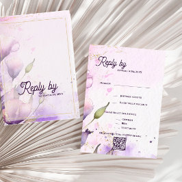 Romantic QR Code Lavender Gold Floral Wedding  RSVP Karte