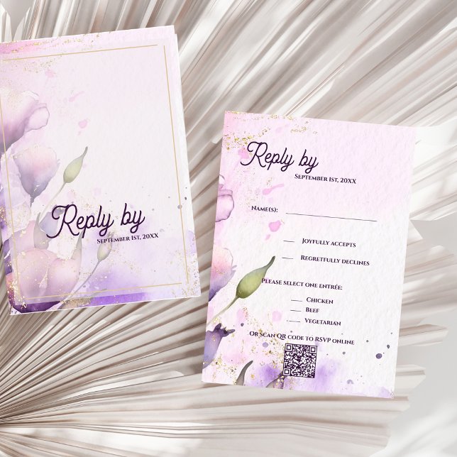 Romantic QR Code Lavender Gold Floral Wedding  RSVP Karte (Romantic QR Code Lavender Gold Floral Wedding RSVP Card)