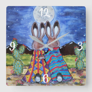 Romantic Rabbit Moon Southwest Clock Jackrabbit Quadratische Wanduhr