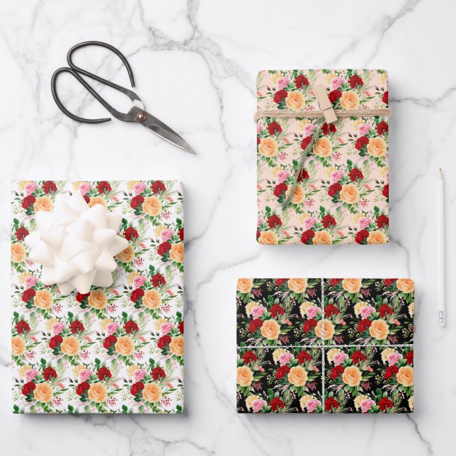 Romantic Red and Orange Roses  Geschenkpapier Set (Vorderseite)