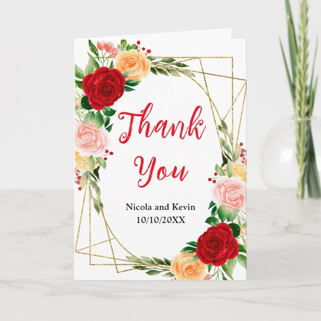 Romantic Red and Orange Roses Wedding Dankeskarte (Vorderseite)